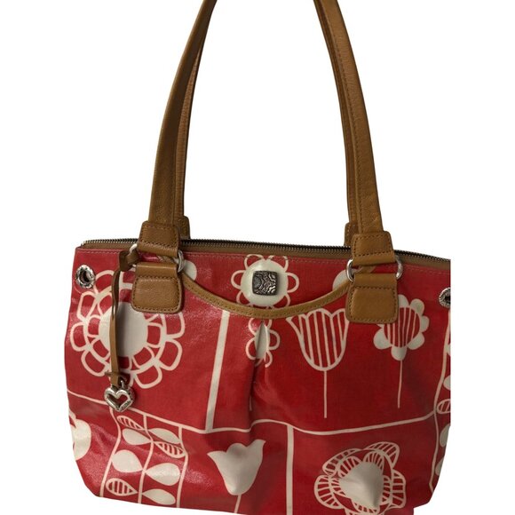 Brighton Red Floral Tote Bag With Tan Handles & Striped Interior Charm Heart - Picture 2 of 16